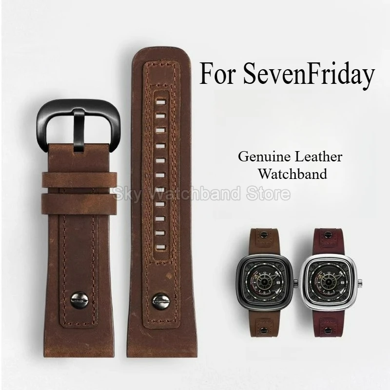 For SevenFriday B-01 P1 M1 M2 Premium Genuine Leather Watchband 28mm Brown Rivet Decorated Soft Breathable Skin-Friendly Durable