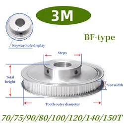 3M Aluminum Alloy Timing Pulley BF-type Through-hole Slot Width 11mm 70/75/90/80/100/120/140/150 Teeth Synchronous Belt Pulley