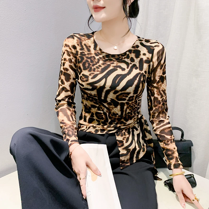 Faionable Leopard Print Base irt Herenherfstkleding Europese Sle Irregular Lace Long Sve Slim Fit T-irt