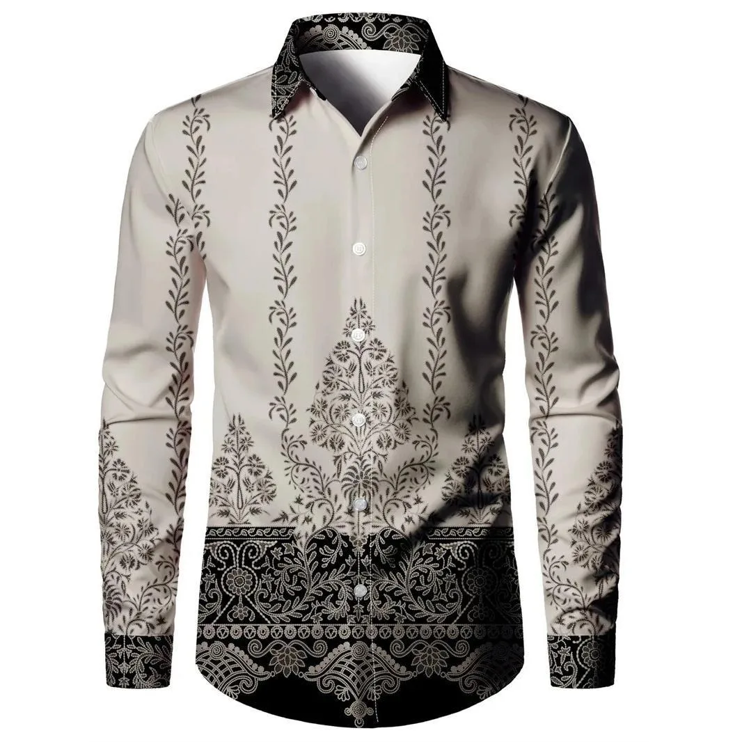 

Men's New Soft Breathable Fabric Natural Plant Print Shirt Retro Ethnic Long-sleeved Lapel Beach Street Outdoor Casual Top