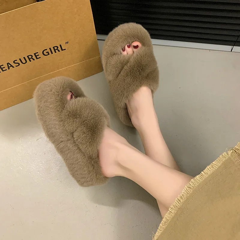 Home Slippers Women's Flock Fur Shoes Slides Fashion Pantofle Platform Massage Soft Plush Luxury 2024  Shoes Women Massage Slipp