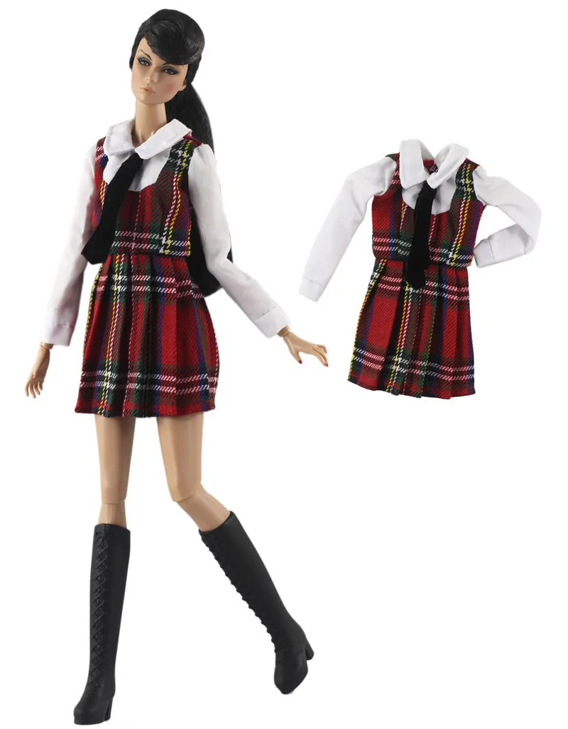 30cm doll clothes, School uniform Suit, long sweater , White and grid t-shirt dress for 1/6 barbie kurhn FR Xinyi Doll