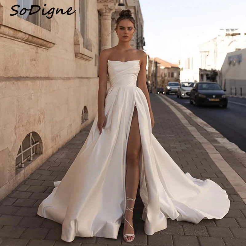 

SoDigne A-line Wedding Dresses Strapless Sleeveless Bridal Dress Satin Simple Split Long Wedding Gown Robe De Mairee ﻿Customized