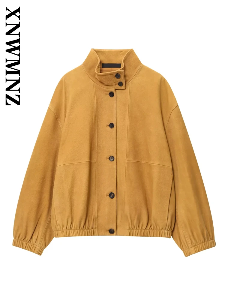 

XNWMNZ осенняя женская модная куртка-бомбер из искусственного меха с воротником-стойкой, винтажная повседневная женская простая верхняя одежда с длинными рукавами