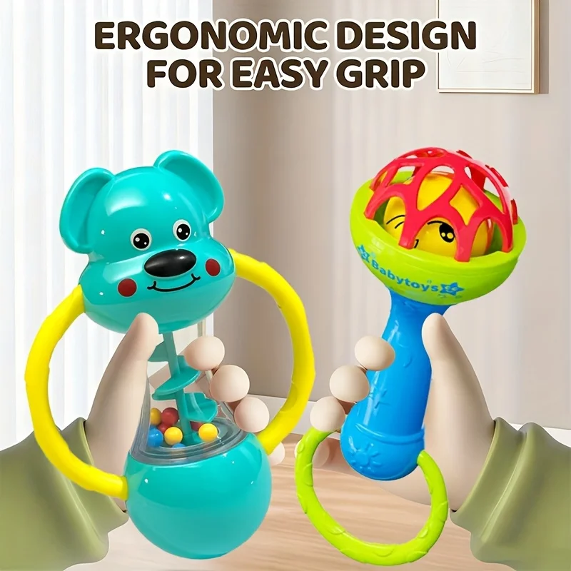 Chocalhos para bebês de 0 a 12 meses, brinquedos sensoriais para recém-nascidos, sino de mão, jogo de atividades, chocalhos de animais fofos para bebês, jogos, presentes