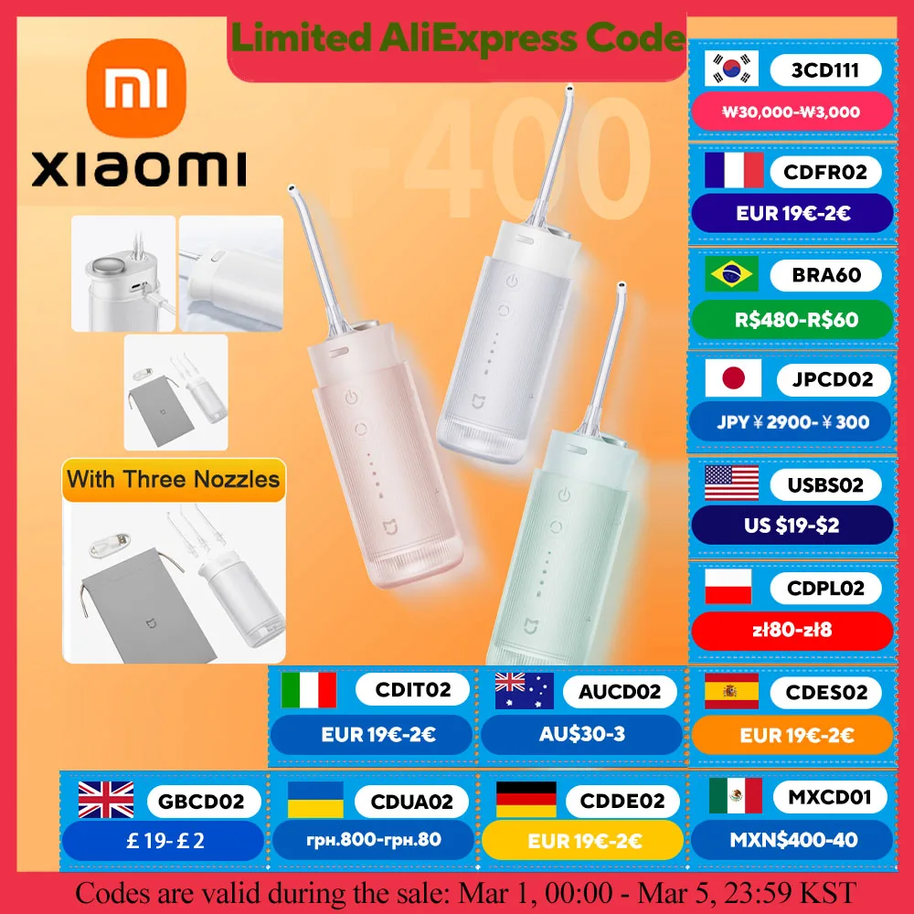 Irygator doustny XIAOMI MIJIA F400, bezprzewodowy przenośny 4 tryb 200 ml akumulatorowe nić dentystyczna, wodoodporny elektryczny irygator doustny IPX7