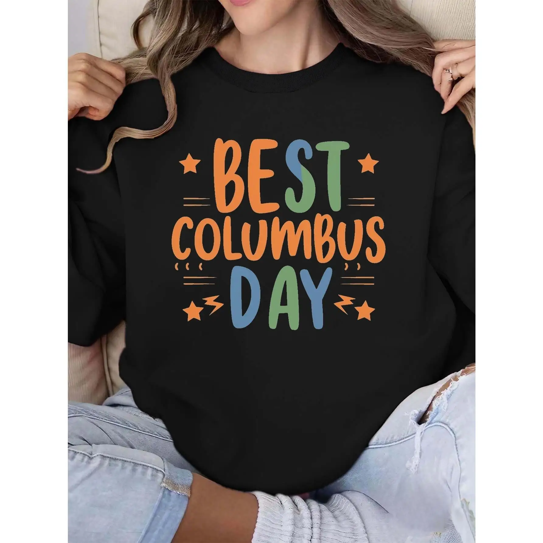 

"BEST COLUMBUS DAY" Graphic Sweatshirt, Star Print Crewneck Jumper, Fun Holiday Outfit Top for Women
