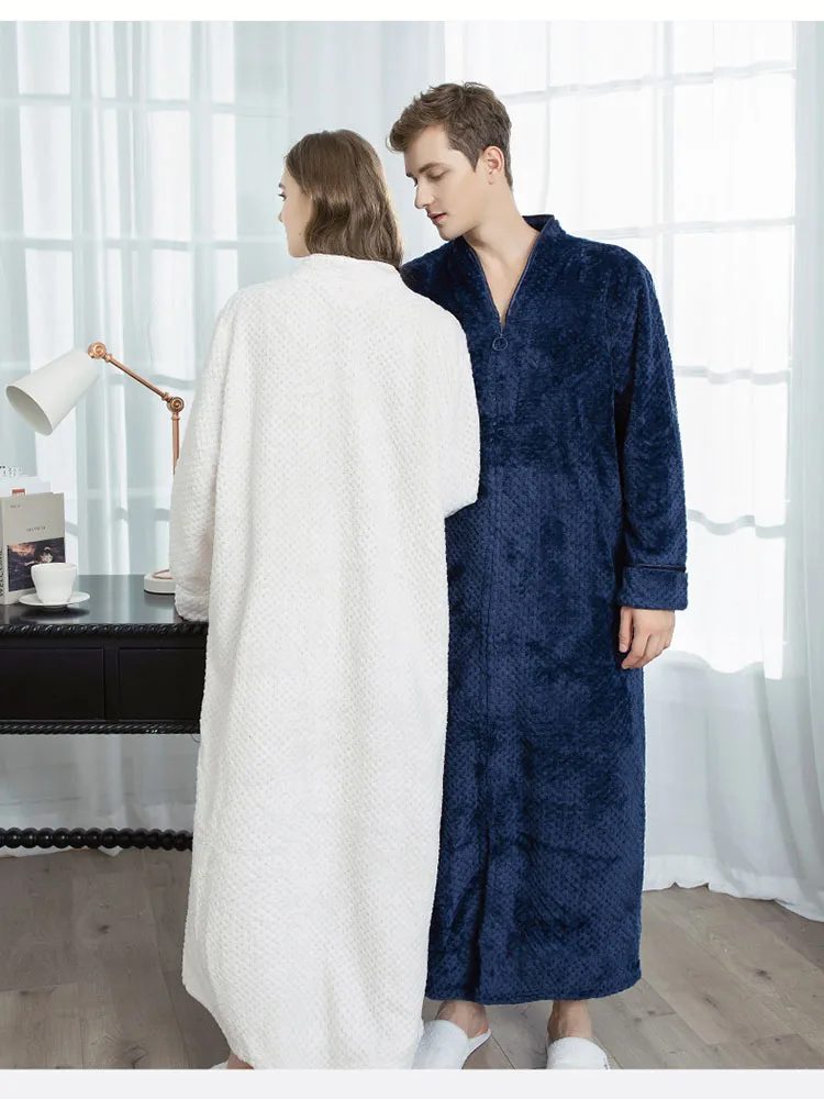 Winter Mens Casual Long Sleeve Pajama Set Couple Flannel Padded Bathrobe Men's Loose Fleece Loungewear Coral Fleece Nightgown