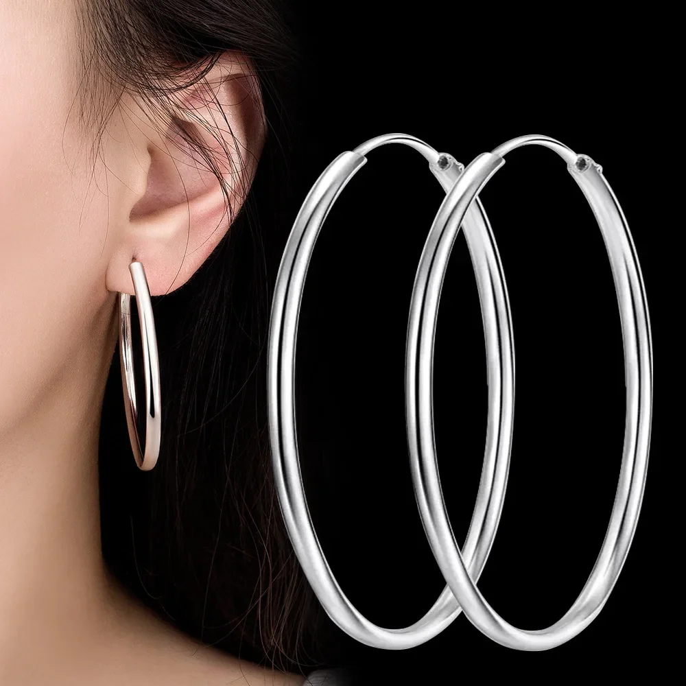 New 925 Sterling Silver 3MM Thick 3.5/5/6CM Hoops Earrings For Women Luxury Quality Jewelry Accessories 2024 Trend