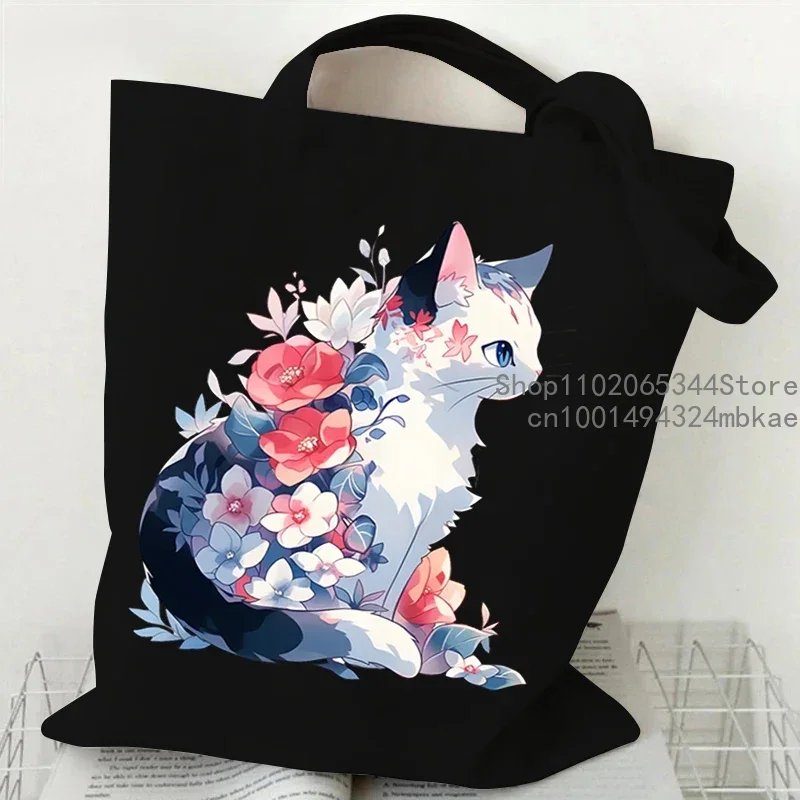 Borse tote in tela Borsa a tracolla da donna con gatti acquerello Borsa per la spesa di design con gattini a fiori carini Borsa per animali in stile