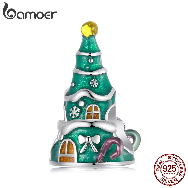 BAMOER 925 Sterling Silver Xmas Tree House Charm Bead fit Original Bracelet DIY Bamoer Charm for Jewelry Making Christmas Gift