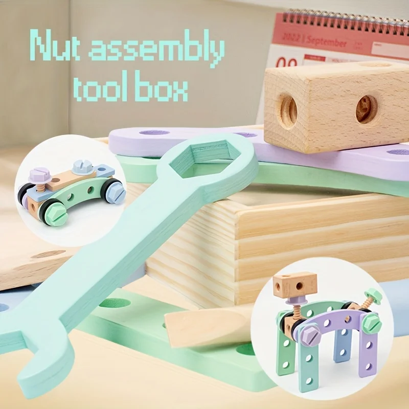 La caja de herramientas creativa para montaje de tuercas estimula la inteligencia de los niños para montar y usar la imaginación para construir una caja de madera con bricolaje