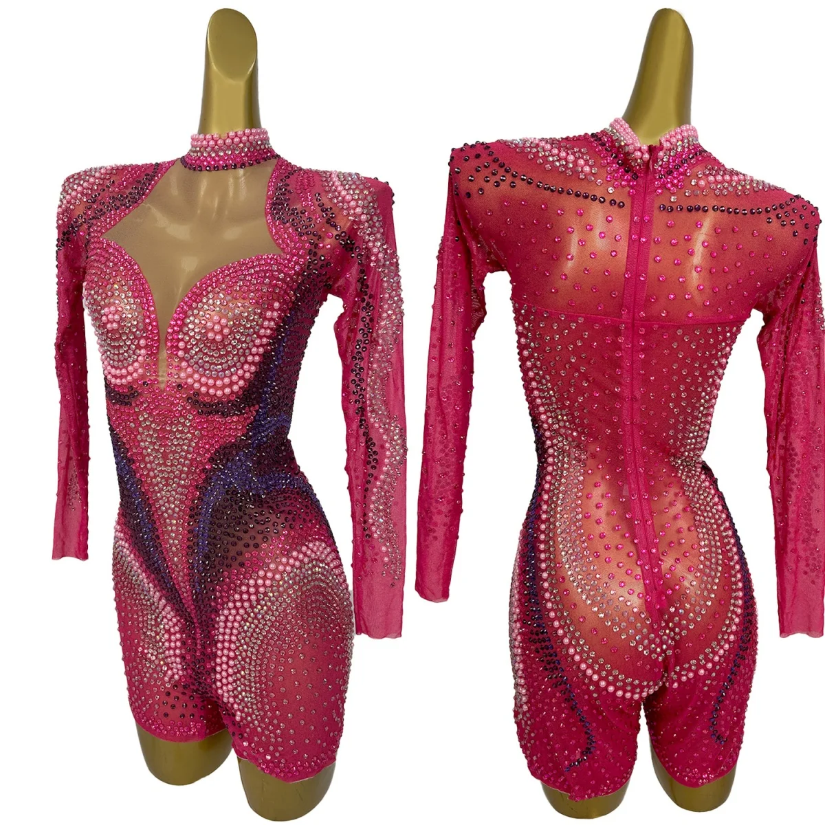 

Sparkling Rhinestone Spandex Pink Pearls Bodysuit Shorts Party Stage Performance Sexy Long Sleeved Tight Playsuit Caomeixiong