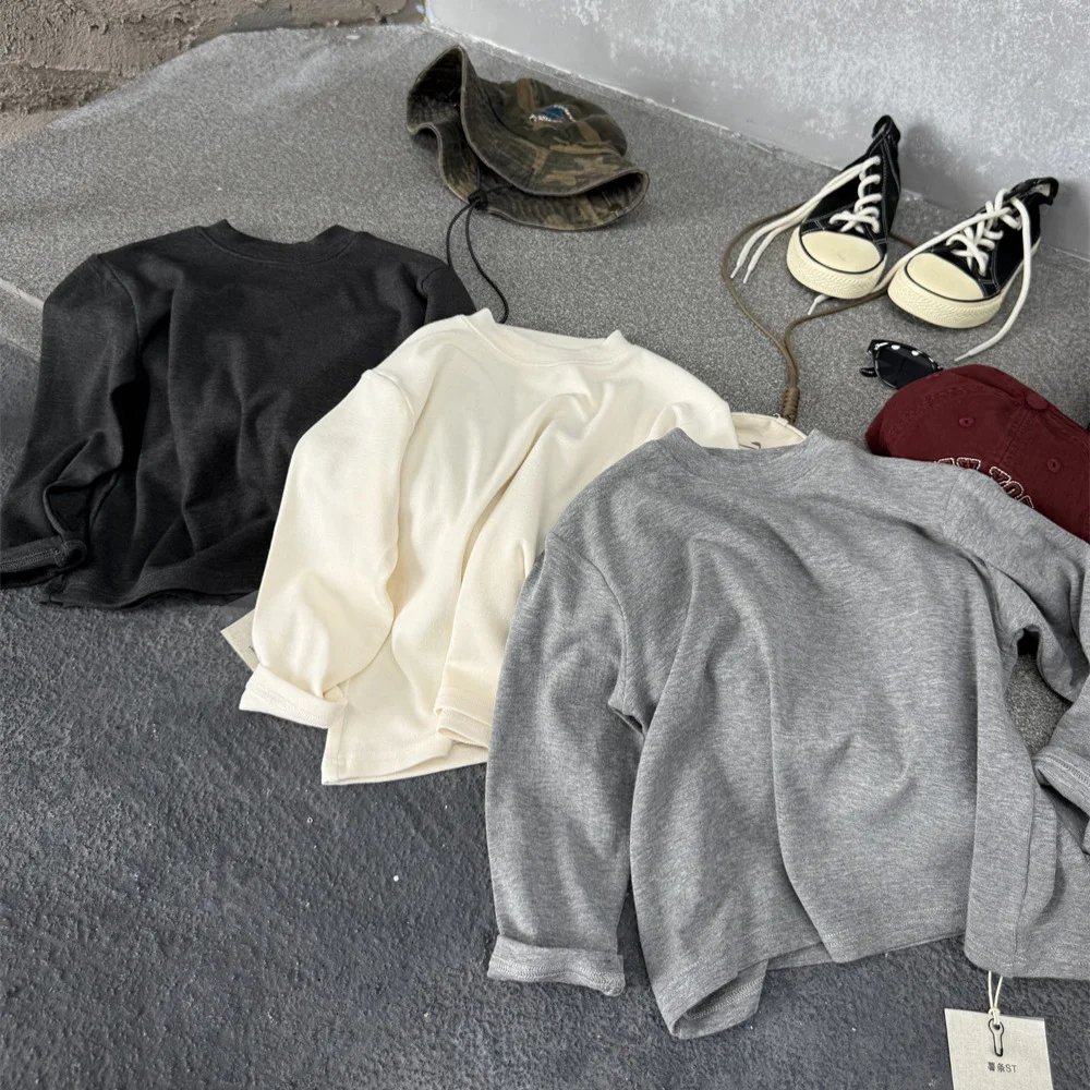 Children Clothes Kids Casual Soft Autumn Cashmere Solid Color Round Neck Elasticity Boys and Girls Casual T Shirt Top