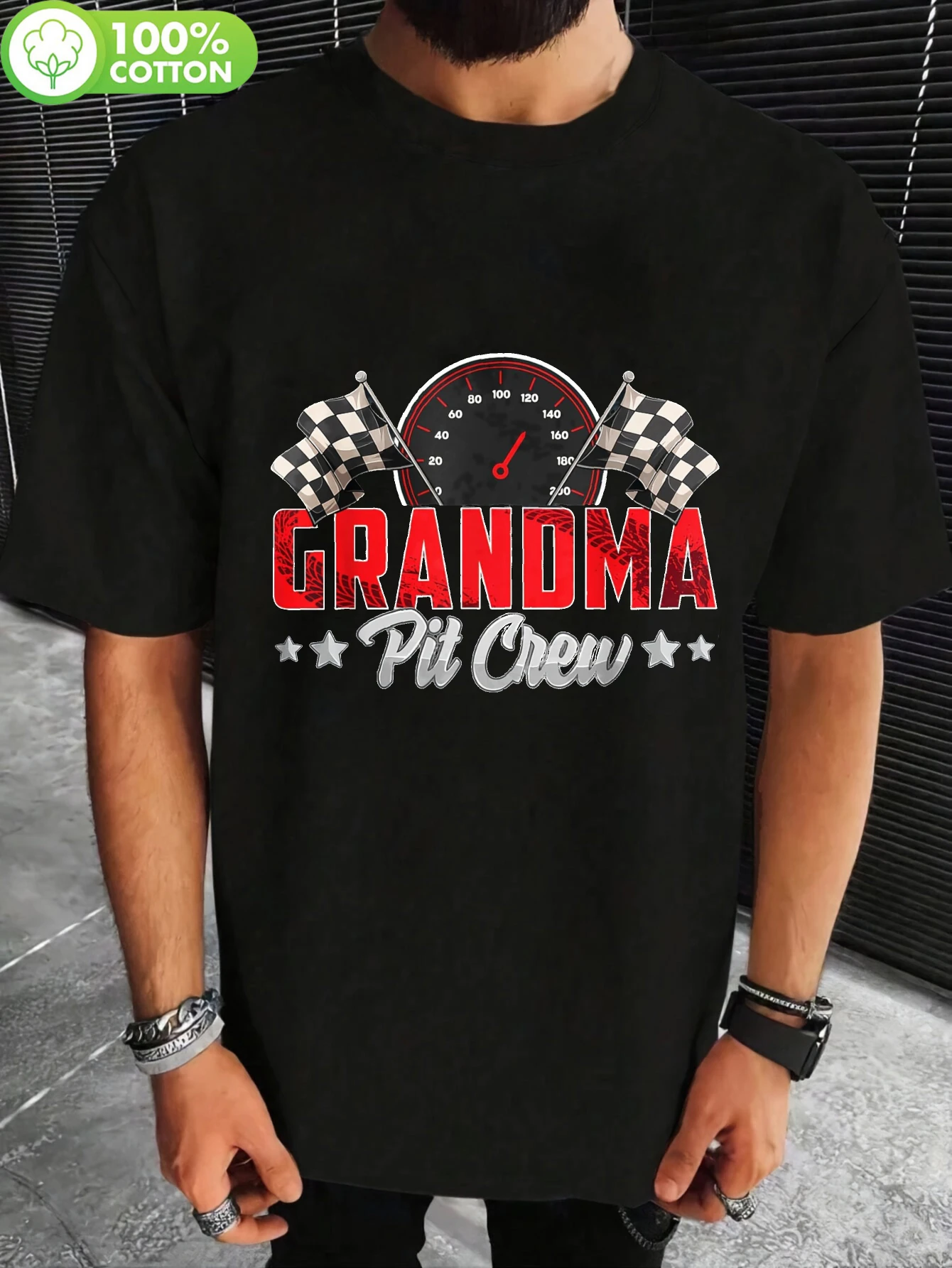 2026 Men's Grandma Pit Crew Racing Graphic T-Shirt - 100%, Black with Red & White Checkered Flag Design, Casual Crew Neck Tee fo