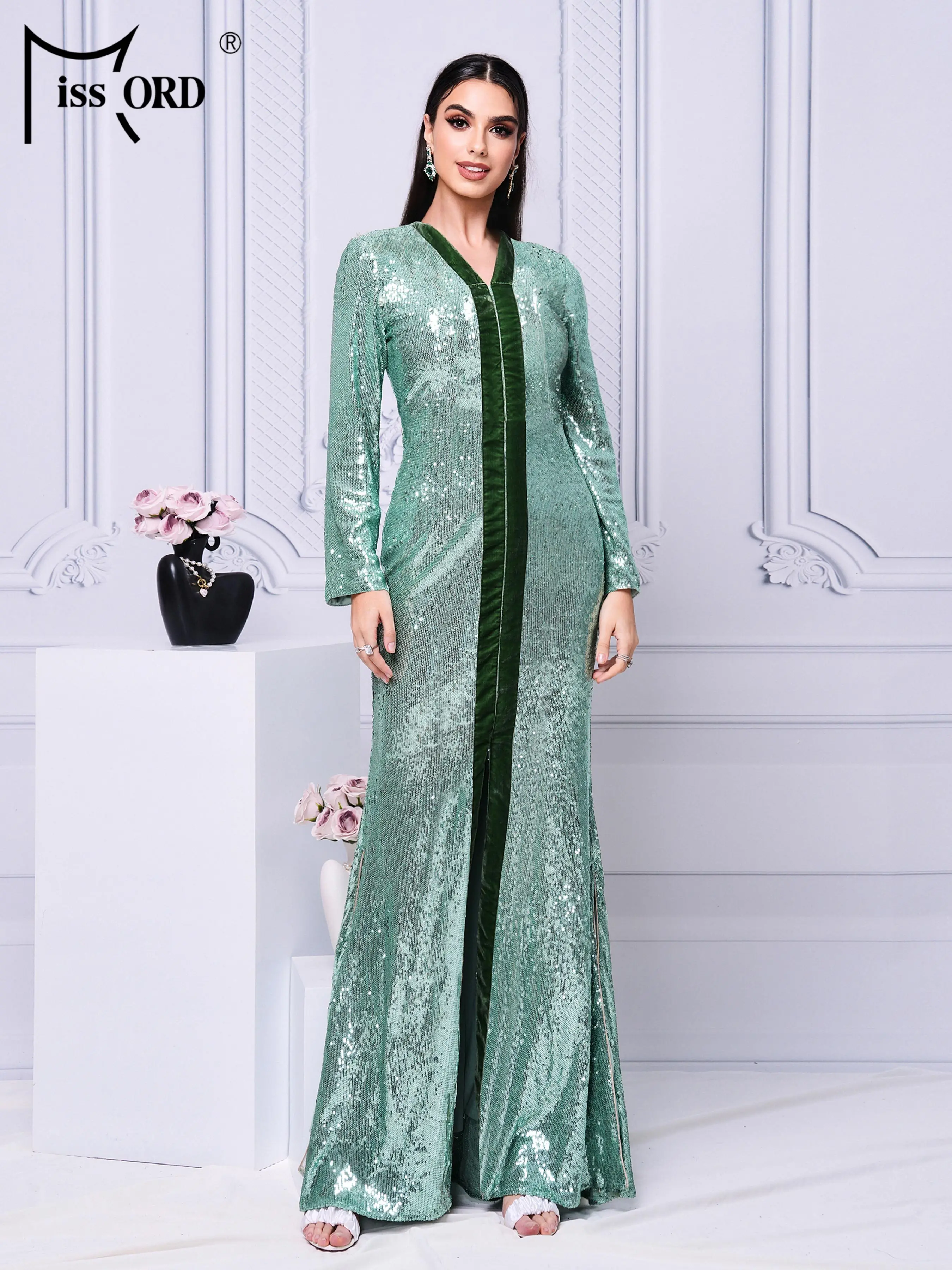 

Missord New Green V Neck Long Sleeved Sequin Muslim Middle Eastern Style Ethnic Formal Occasion High Quality Luxury Prom Dress