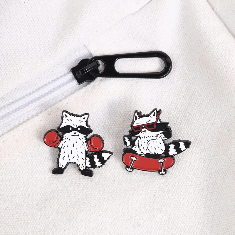 Cool Raccoon Enamel Pin Skateboard And Boxing Gloves Brooch Cute Animal Lapel Badge Accessories Encouraged Gift For Friends