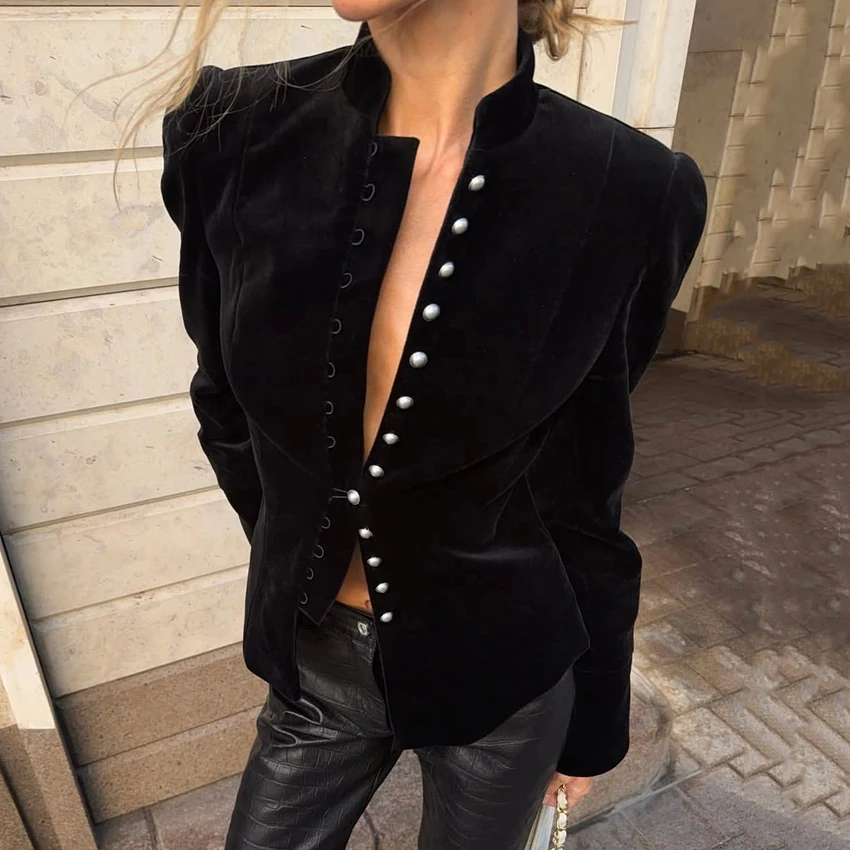 Linad Vintage Slim Single Breasted Stand Collar Coats 2026 Street Chic Red Split Outerwear Elegant Black Puff Sleeve Jackets