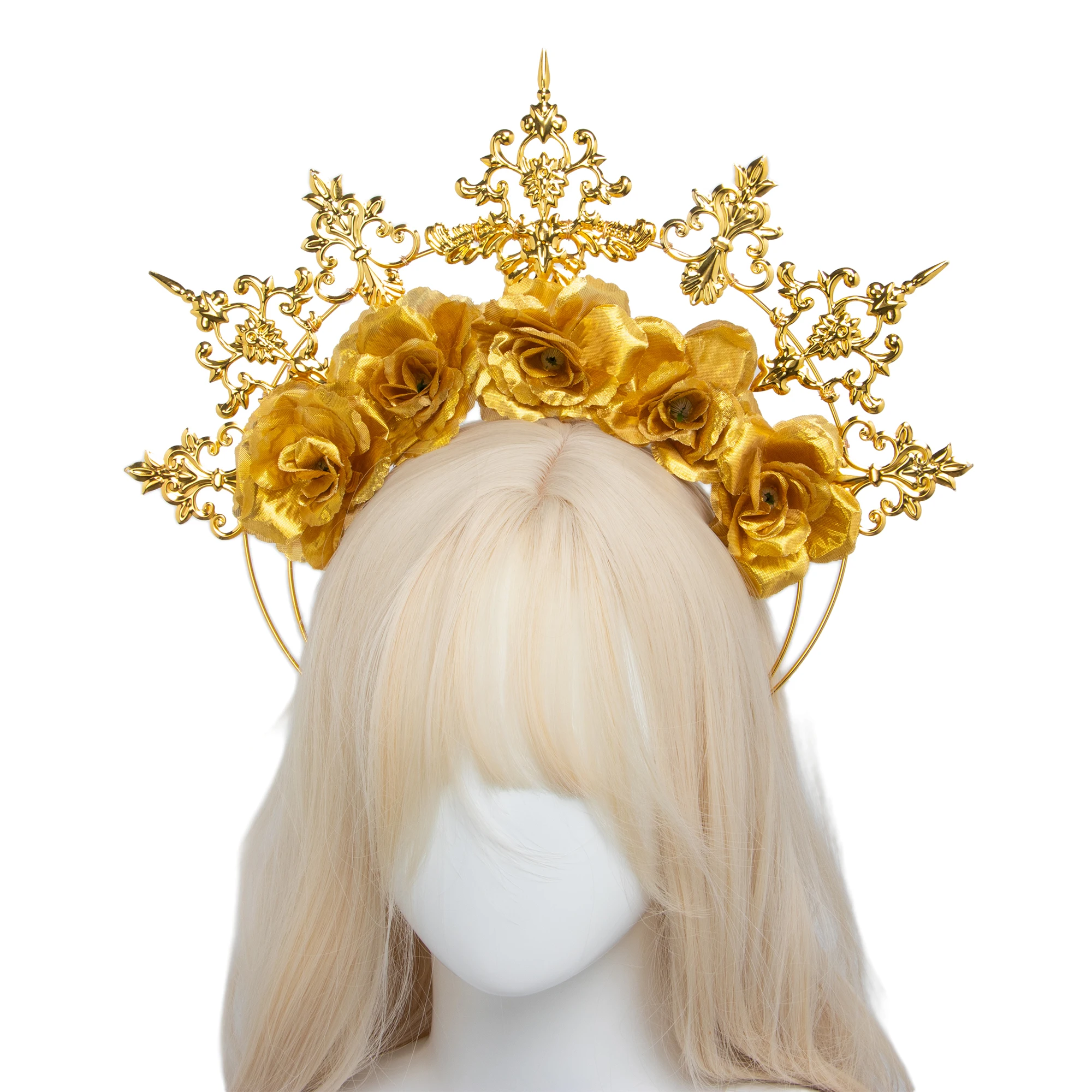 Gold Rose Flower Halo Crown Mary Goddess Festival Queen Crown Tiara Maternity Photo Shoot Headpiece Women Halloween Headband