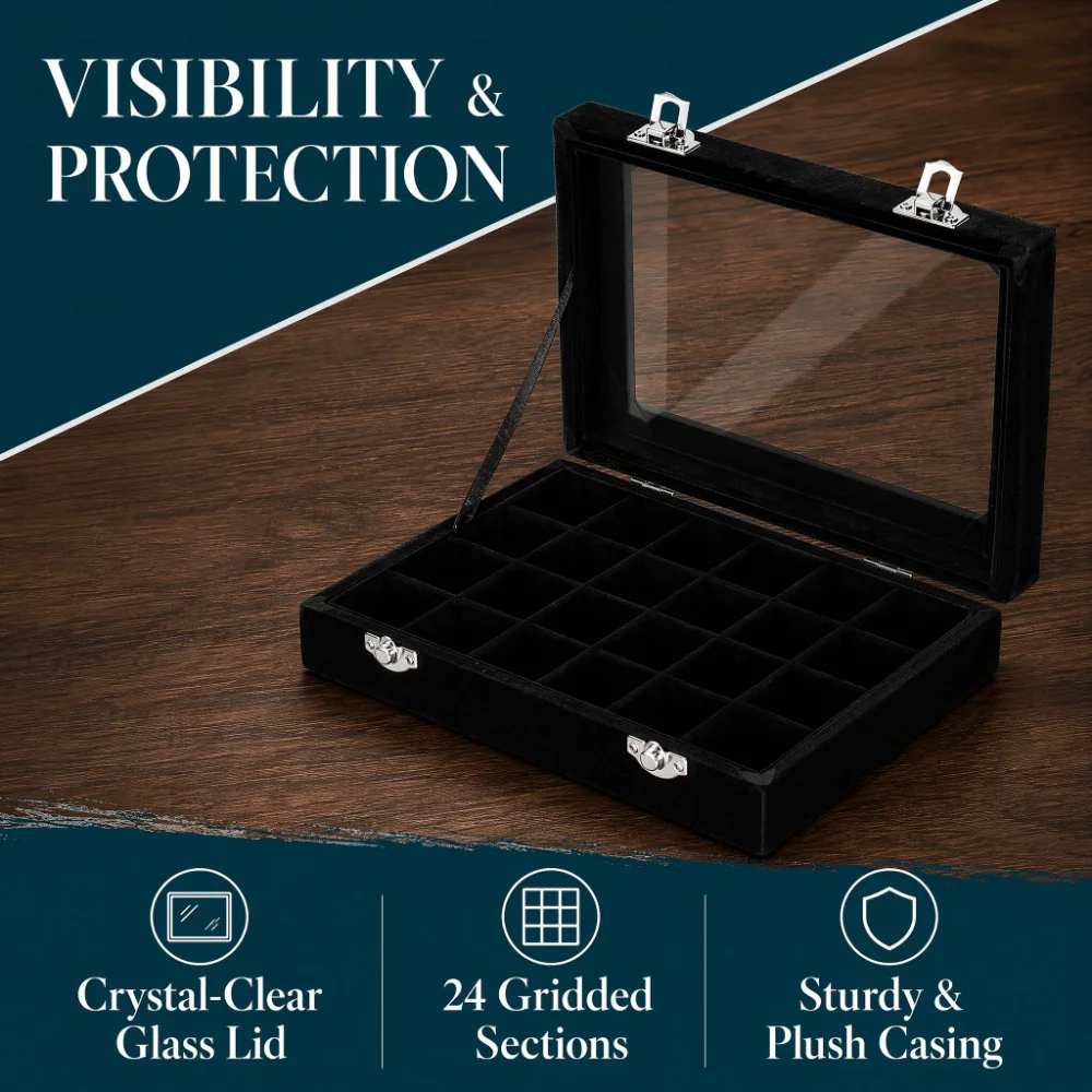 Velvet 24 Grids Rhinestone & Nail Gem Storage Box Black Transparent Lid Black Velvet Jewelry Display Box Lockable Design