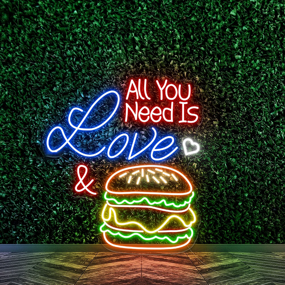 Wszystko czego potrzebujesz to miłość i Hamburger Neon Hamburger lampa neonowa Fast Food LED Light Food ściana sklepowa Decor Burger na ścianę znaki artystyczne