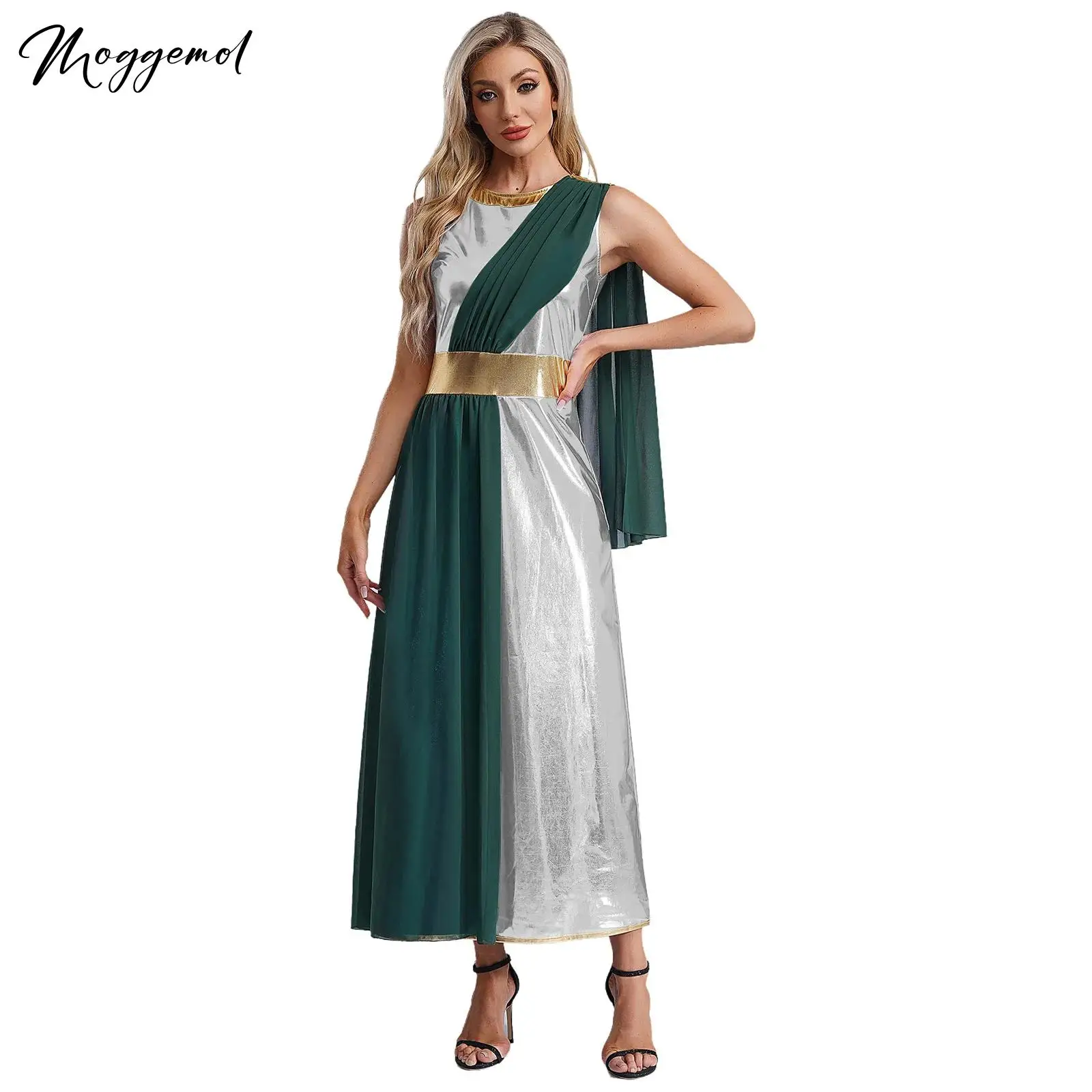 

Womens Ancient Greek Toga Goddesses Costume Sleeveless Golden Patchwork Toga Shiny Tunic Dress Queen Cosplay Dress Up Halloween