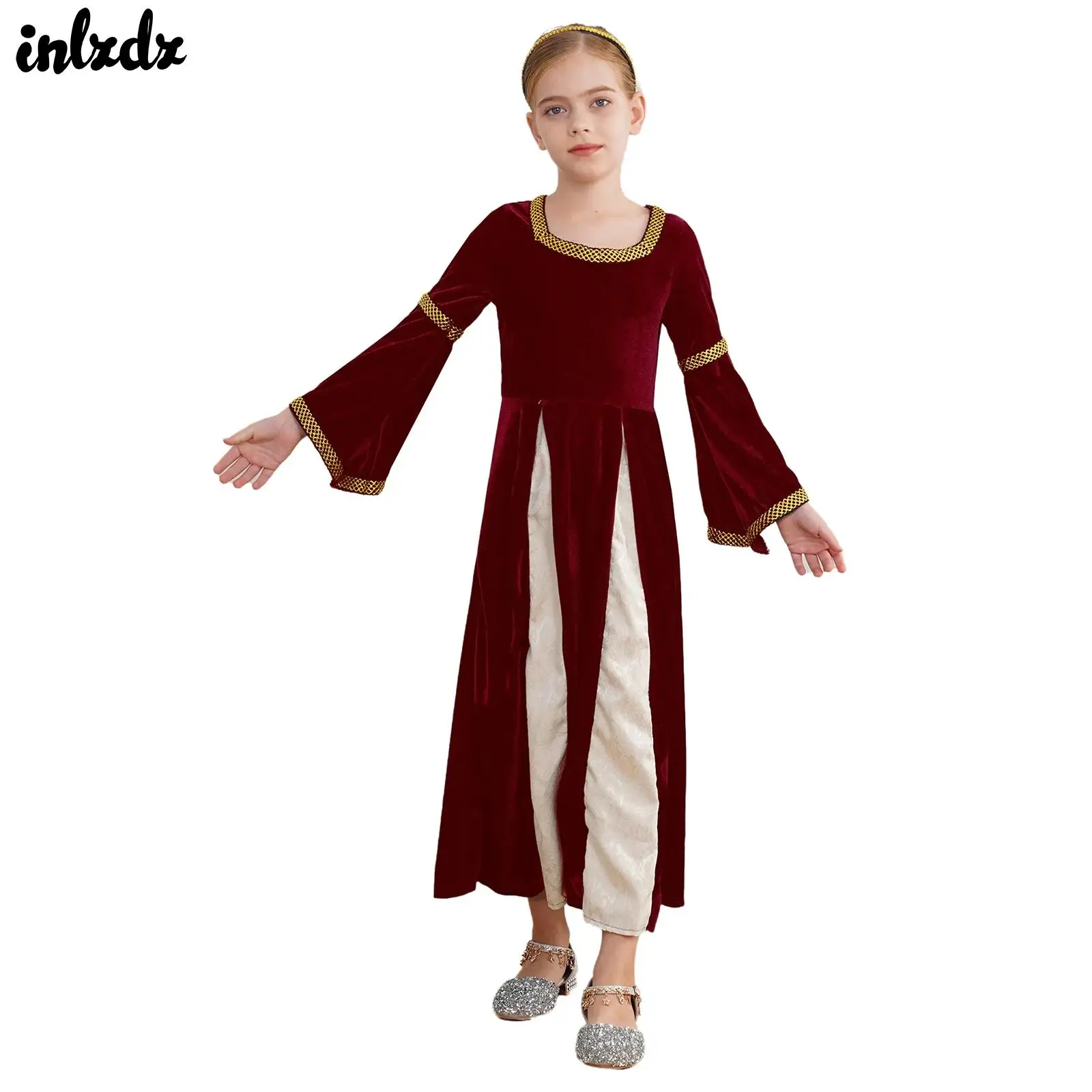 Kids Girls Medieval Renaissance Opera Dance Performance Cosplay Costume Square Neck Flare Long Sleeve Dress with Headpiece