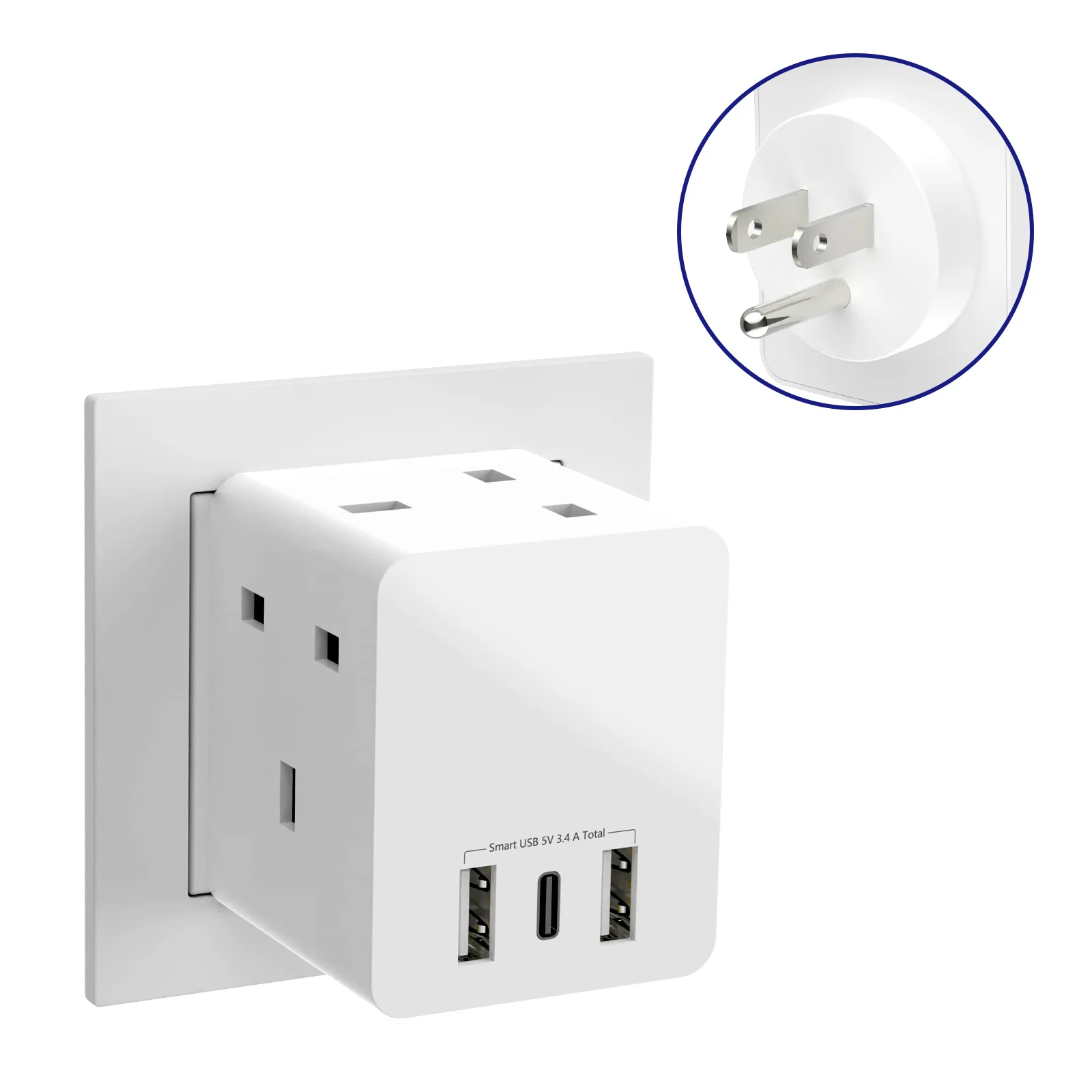 HITRENDS UK to EU USA Cube Power Socket Adapter with 3 AC Power Sockets 2 Conversion Extender Plugs for USB 1 Type-C