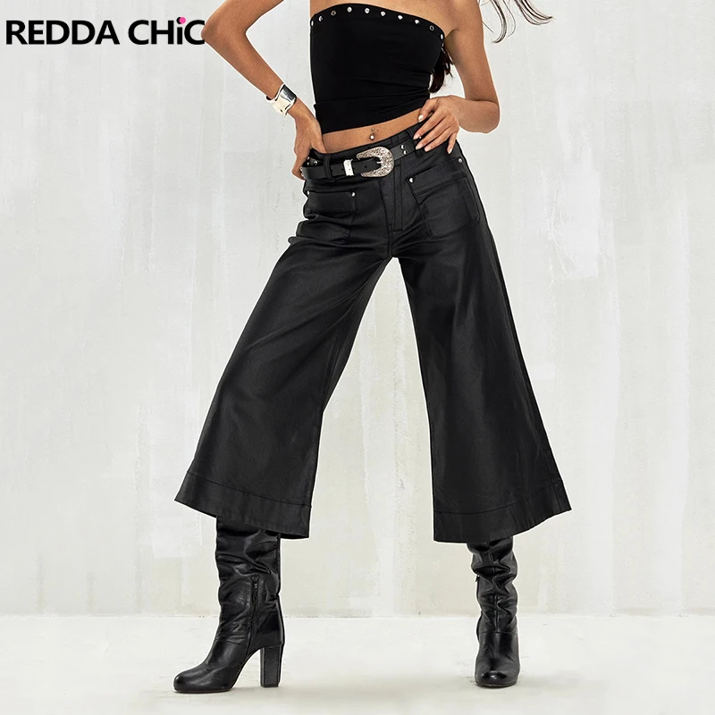 

REDDACHiC Hand-Waxed Low Waist Jean Shorts Women Black Jorts Patch Pocket Bootcut Capri Pants Bell Bottoms Moto Punk Streetwear