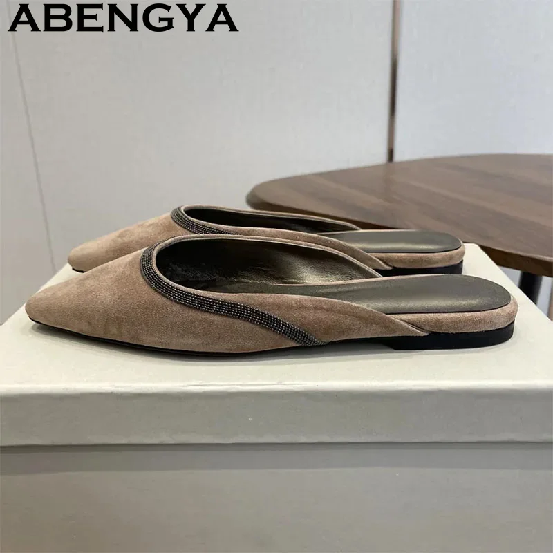 High Quality Suede Leather Pointy Wrap Toe Flat Slippers for Women Summer Classics Slippers 35-41 Size Casual Walk Shoes Mujer view 6