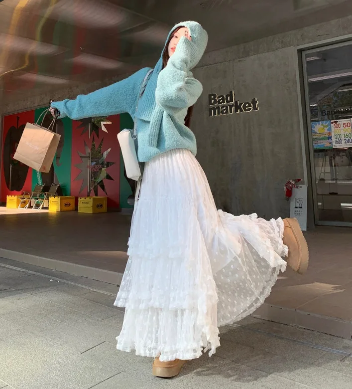 2026 Spring New Product Sweet Flower Mesh Heavy Industry Fungus Edge Splicing Versatile Irregular Cake Skirt Women's Long Dress