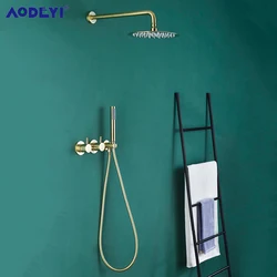 Bathroom Faucet System Wall Mounted Brass Brushed Gold Water Contral Valve Rain Shower Head Handheld Holder Hose