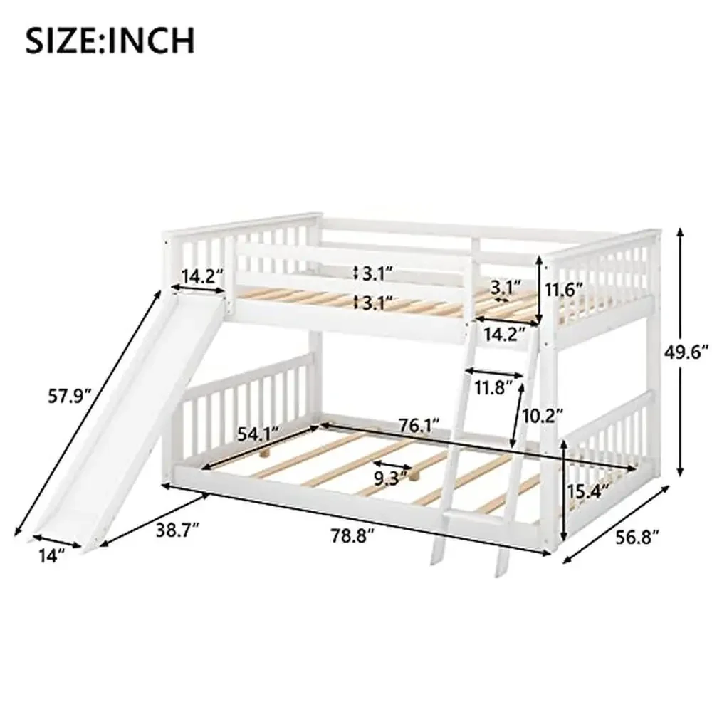 Full Low Bunk Bed with Slide and Ladder Kids Boys Girls White Pine Wood Convertible Floor Bunk Bed Modern Design No Box Spring