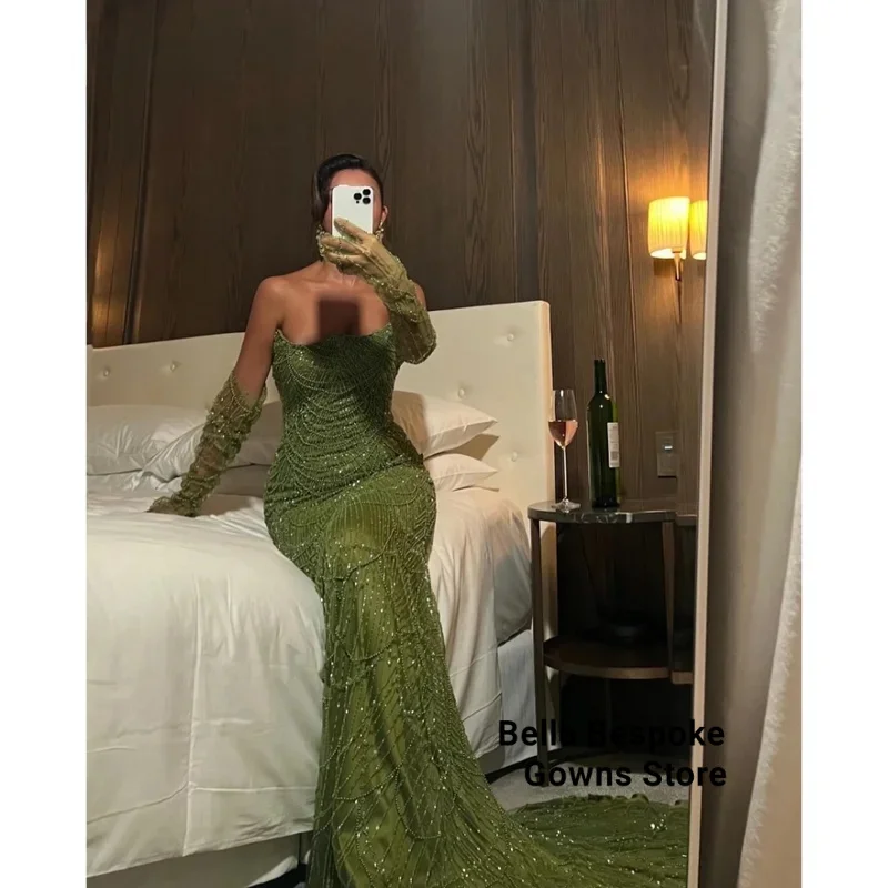 دبي فستان الزفاف حورية البحر الأخضر الترتر بدون حمالات قفازات فساتين السهرة طول الأرض فساتين السهرة حسب الطلب 2025