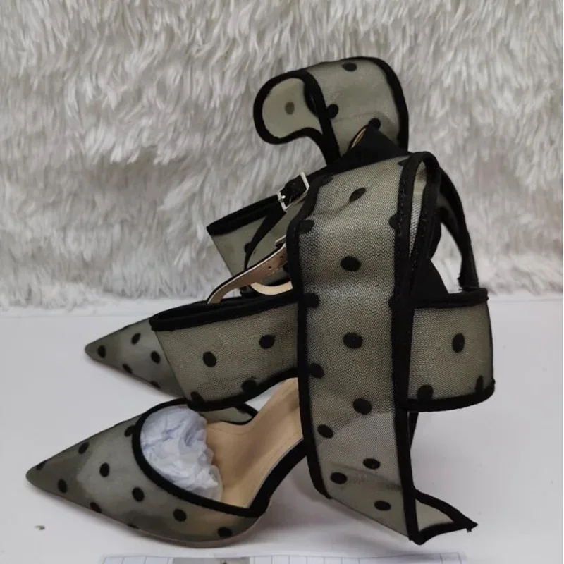 أنثى البولكا نقطة فراشة عقدة عالية الكعب مضخات واضح شبكة أشار تو كبير الكاحل حزام جوفاء رقيقة الكعوب النساء مأدبة الأحذية #6