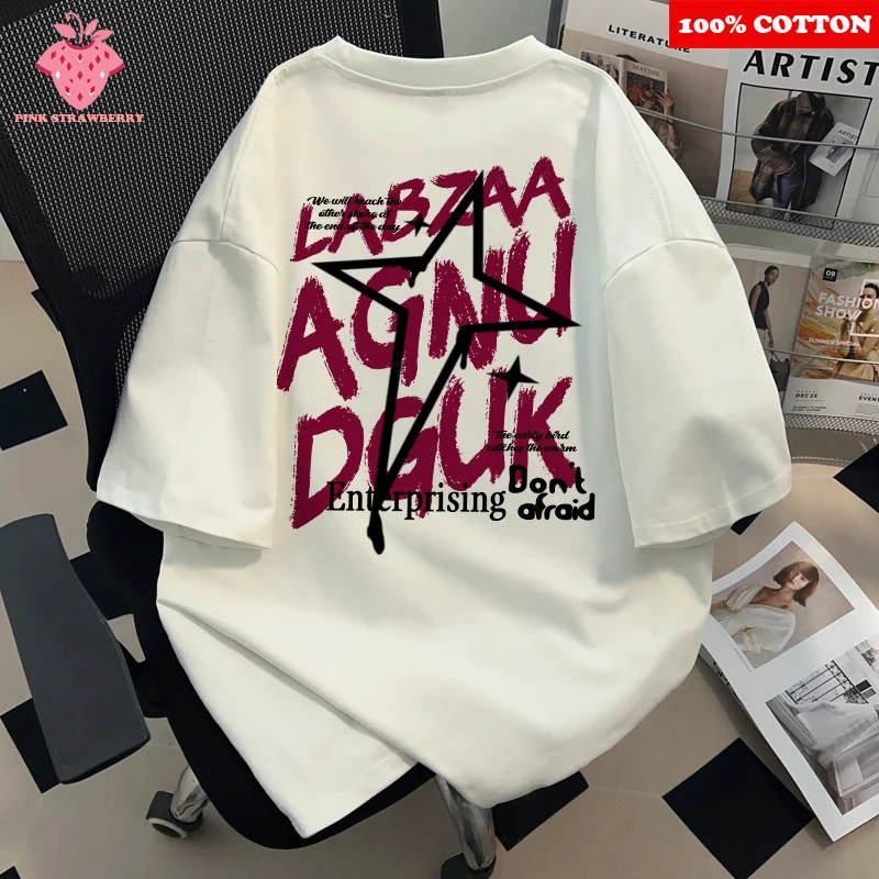 

American Retro Short sleeve T-shirt Men's Women Summer 2025 New 100% Cotton Letter Print White Tee Loose Y2k Top Male clothes