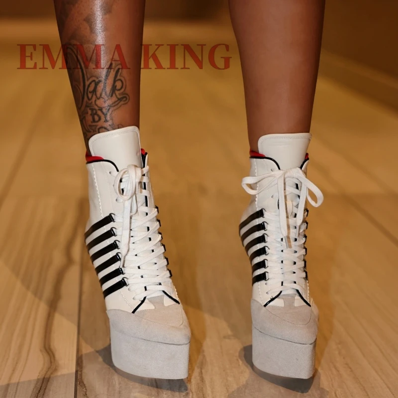 Super High Stiletto Platform Ankle Booties,Women Fashion Laceup Hightop Heeled Sneaker Boots,Black Striped Luxury Party Shoes