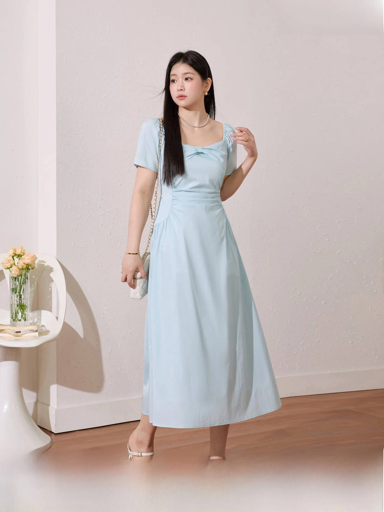 

Blue Large Size Women's Dress Gentle Square Collar A-Line Skirt Pleated Waist Slimming Summer Cotton Workwear Long Dress