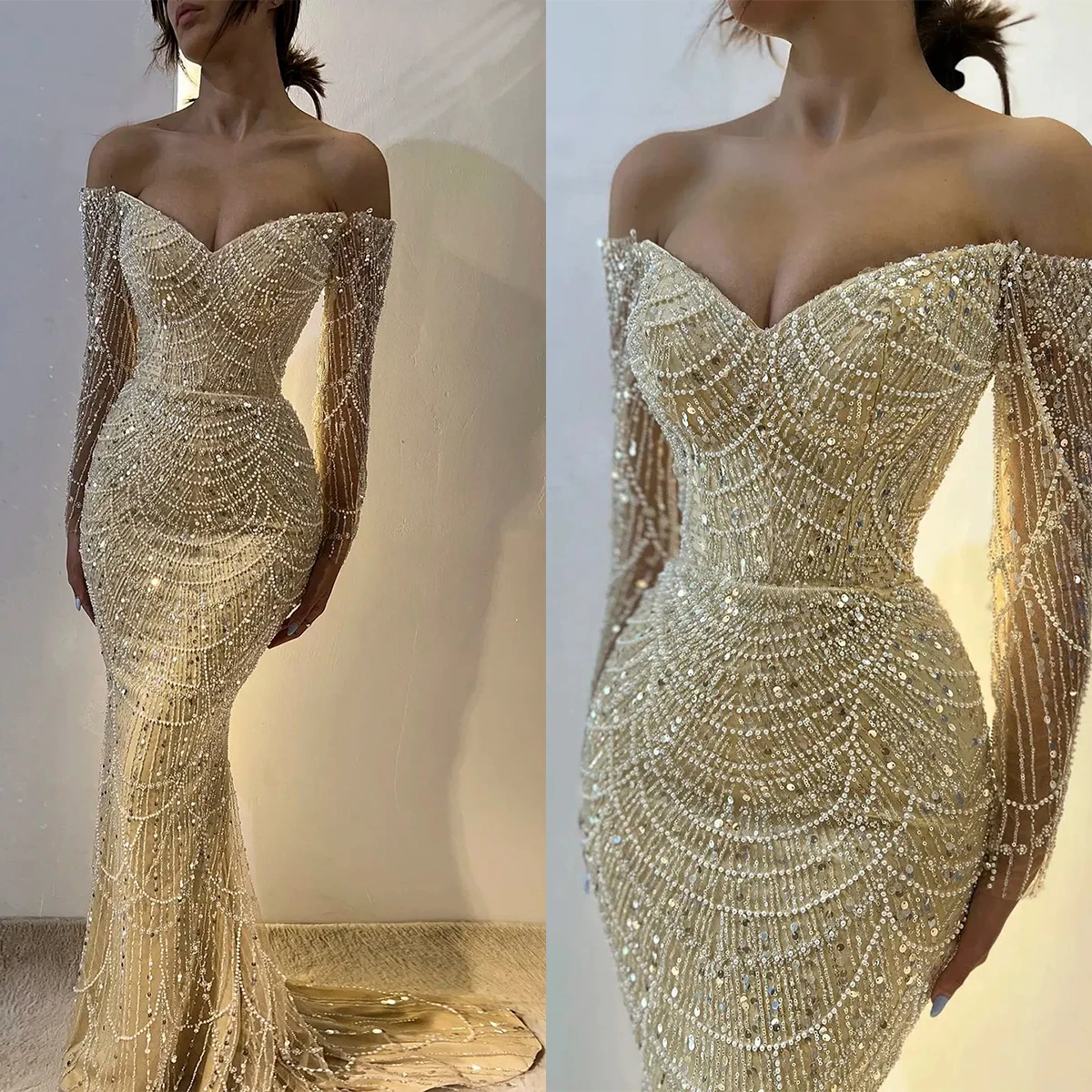 Elegant Off Should Wedding Dresses Sequins Beading Mermaid Long Sleeve Wedding Gowns For Women Vestido Beaded Brides Dress