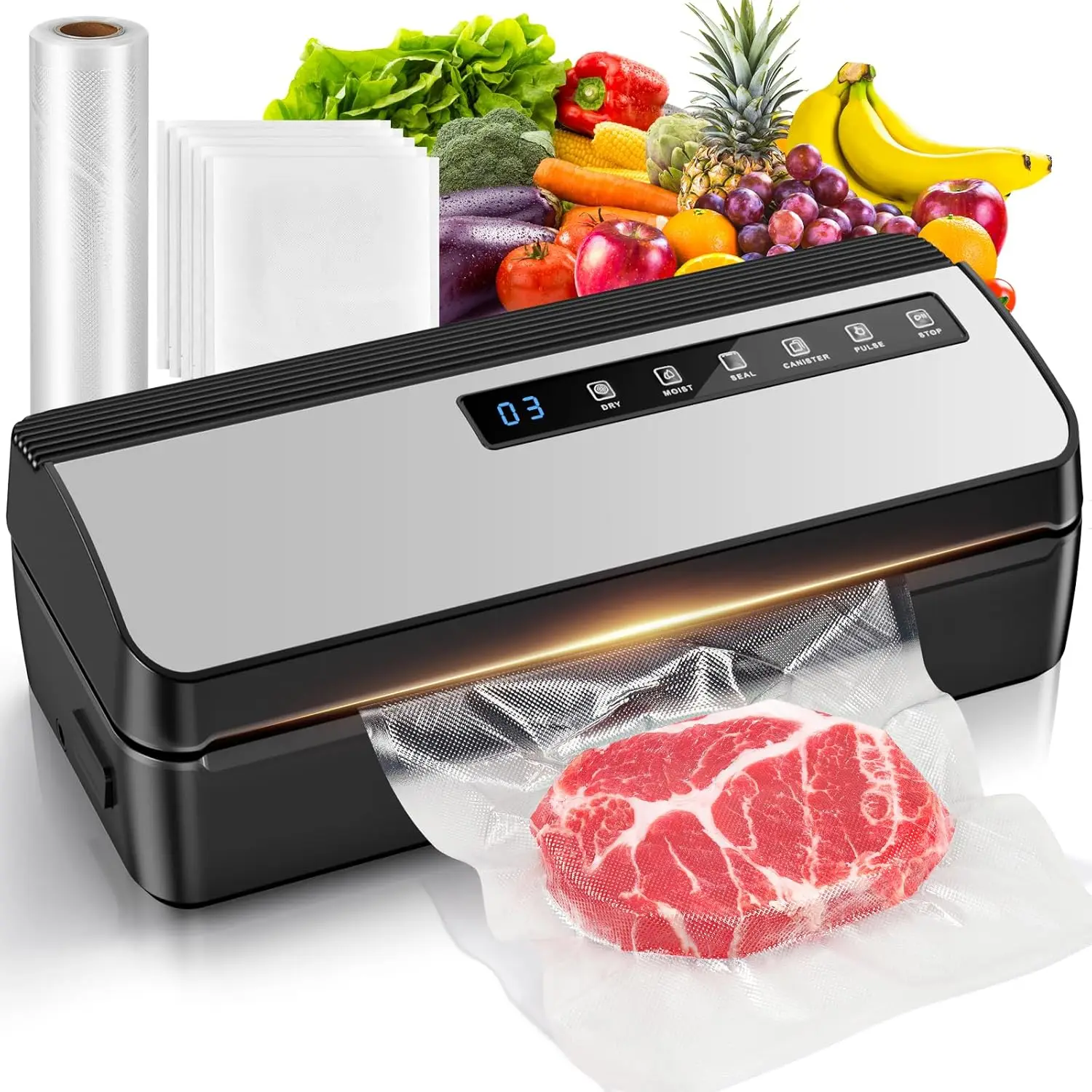 Sealer, Food Vacuum Sealer Machine, 80Kpa Powerful Compact Vacuum Food Sealer with Bags Storage and 5 Bags, 1 Pack Bag Roll, Dry