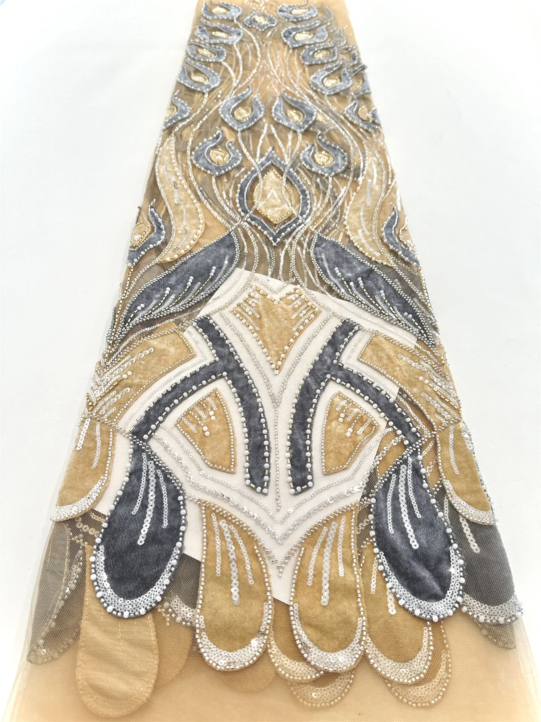 2025 africano francês nigeriano high end tule tecido de renda com contas lantejoulas malha para bordado festa casamento noiva vestido costura