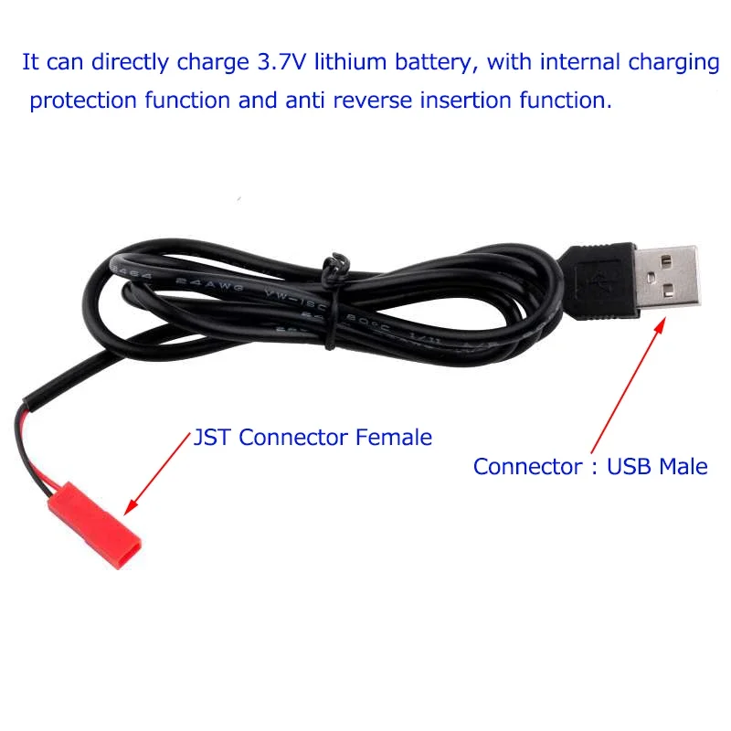 5pcs/lot 3.7V USB To JST Female Plug Connectors Lithium Battery Adapter Charger Cable for RC Aircraft Drone, Charging Protection