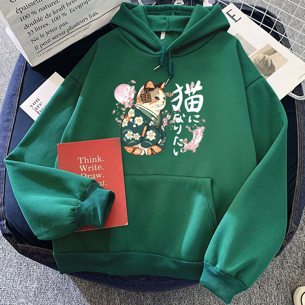 Ukiyoe kaus bercetak kucing Kanji hoodie Jepang mekar Sakura kaus grafis kasual wanita/Pria pakaian pullover kartun