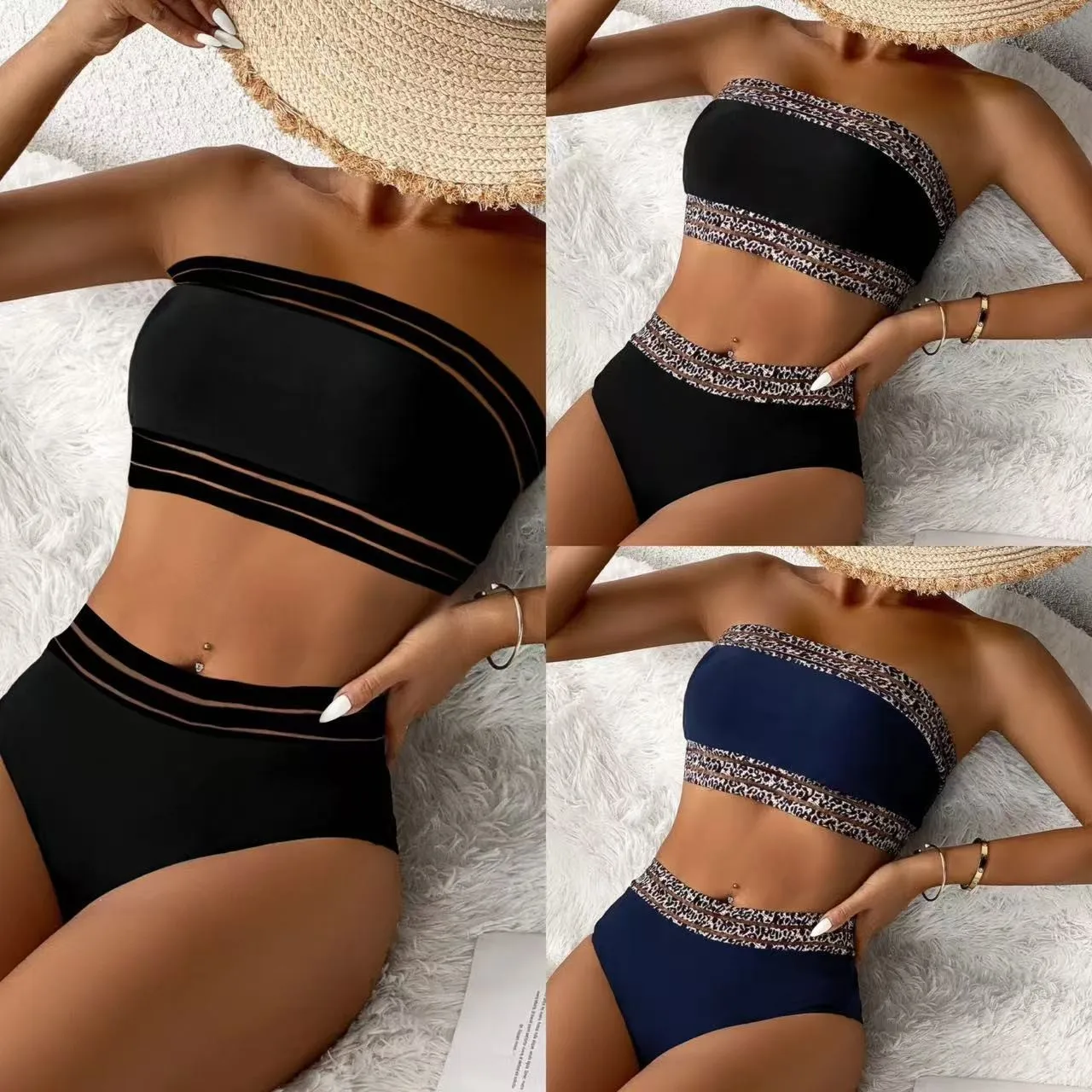 

Swimwear 2026 Bikini Sets For Woman Bandeau Top High Waisted Bottom Black Two Piece Swimsuit Sleeveless Navy Blue Swim Bikini