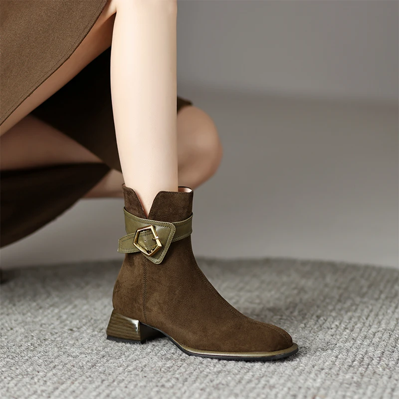 2025 New Trend Autumn Winter Natural Suede Women Mid Block Heels Ankle Boots Black Brown Fashion Round Toe Side Zip Ankle Boots