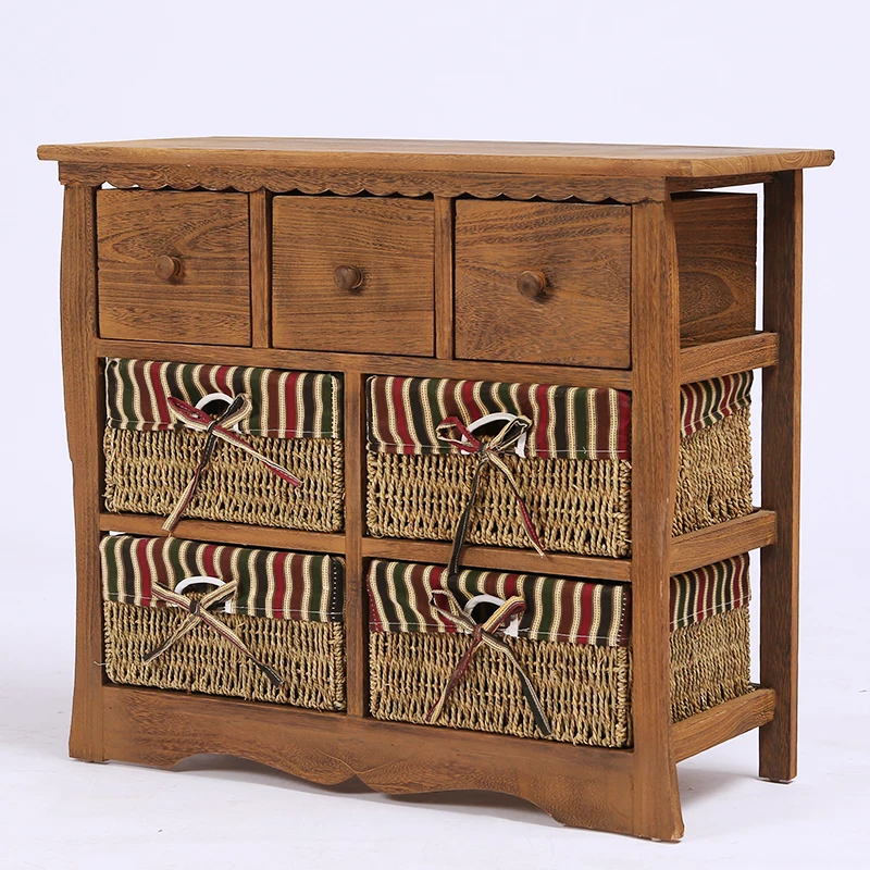 American country rustic retro solid wood color bedside table rattan storage small cabinet simple drawer storage cabinet