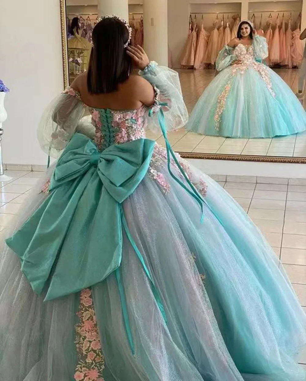 ANGELSBRIDEP Long Sleeves Ball Gown Quinceanera Dresses Glitter Tulle 3D Flower Vestidos De 15 Anos Formal Princess Party Gowns