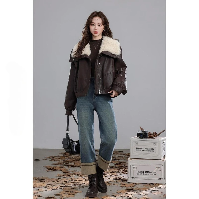 เสื้อแจ็คเก็ตพาร์กาขนเป็ดสั้นคุณภาพสูง ดีไซน์สวยทันสมัย สไตล์วินเทจ ทรงหลวม ปกหนังขนาดใหญ่ สำหรับผู้หญิง