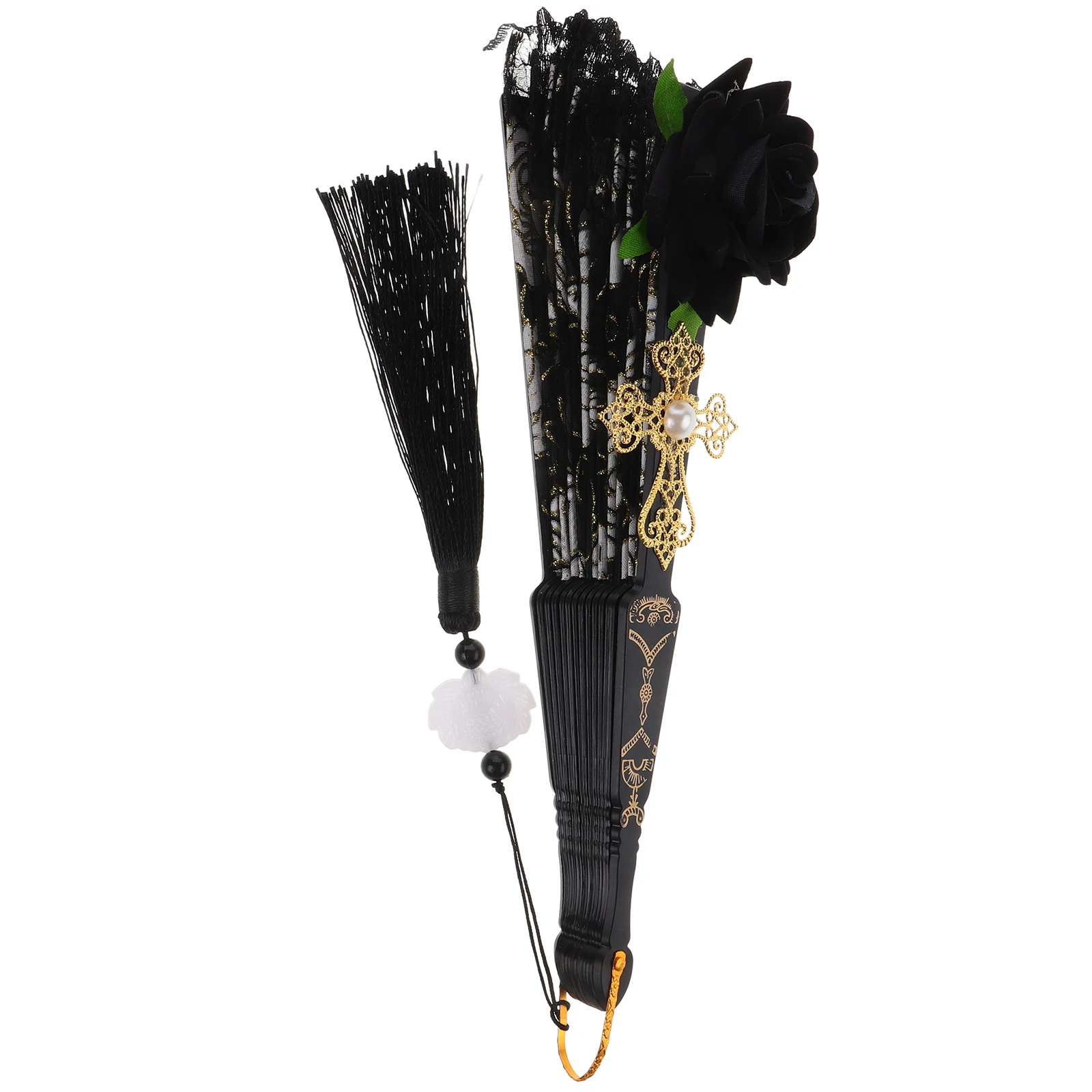 

Black Lace Folding Fan Rose Pattern Hand Fan Portable for Wedding Bride Party Decor Flamenco Dance Props