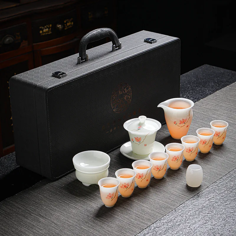 

Ручная роспись ледяного кристалла, нефритовый чайный сервиз Fanglan, китайский белый керамический высококачественный чайный сервиз кунг-фу с льдом, подарочная коробка, сувенир